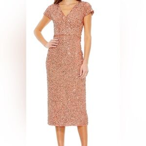 NWT Mac Duggal Sz 14 Copper Sequin Short Sleeve Midi Cocktail Dress 10766